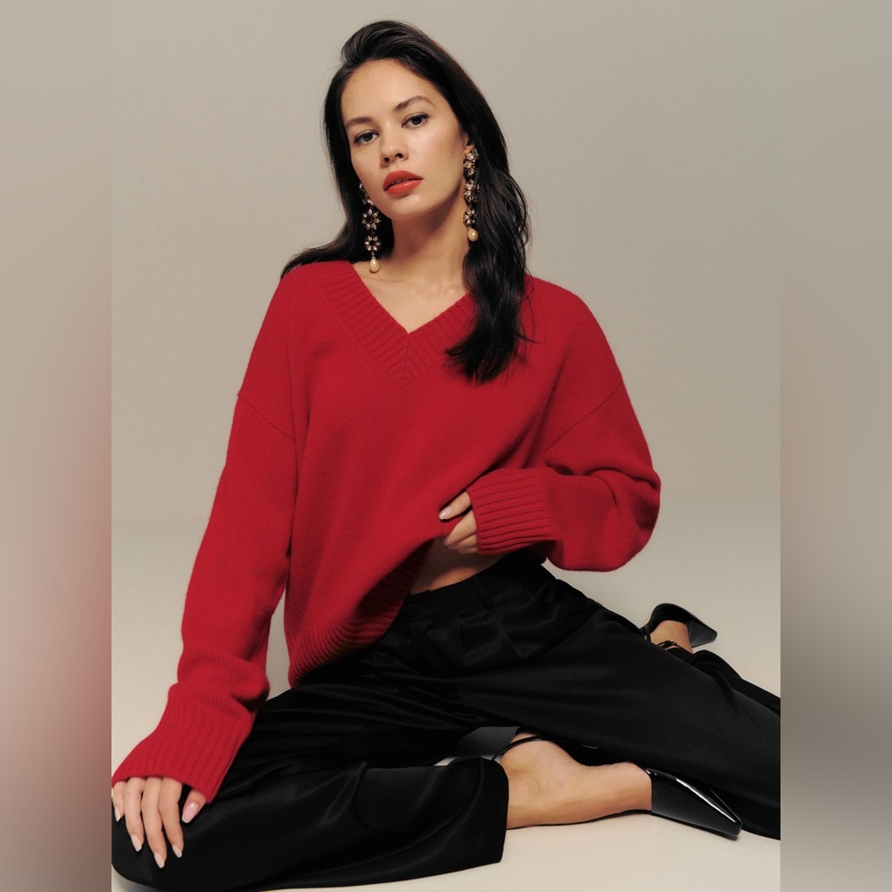Reformation Red V-Neck Oversized Sweater
